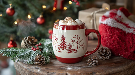 A white and red cup of hot chocolate with marshmallows inside on a wooden table with a blurry Christmas background. Generative AI