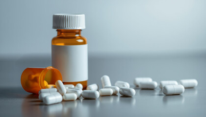 medicine bottle and pills on table