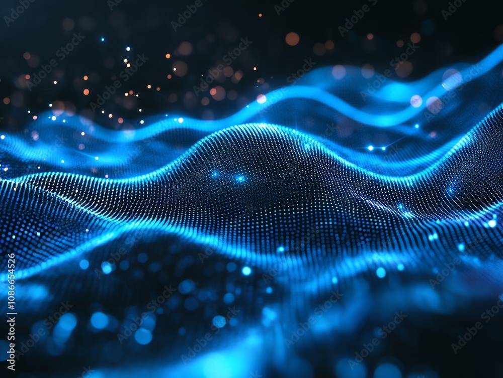 Poster abstract blue glowing wave particle background.