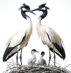 Obraz premium full-body shot of two stately, crested, long-legged, elegant white and black birds, standing in a nest near their baby birds