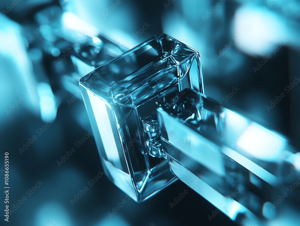 Poster abstract close-up of a translucent cube connected to glass rods, with a blurred teal background.