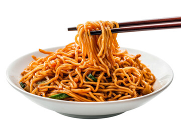 Delicious Noodle that fried with herbs and spices chopped up by chopsticks isolated on background.
