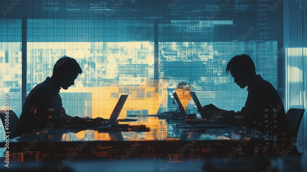 Poster Two individuals working on laptops in a modern office setting, illuminated by digital screens.