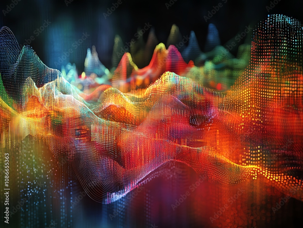 Poster abstract colorful digital landscape with flowing data waves and vibrant hues.