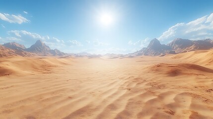 Fototapeta premium Expansive desert landscape with sand dunes and mountains under a bright blue sky.