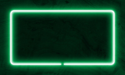Dark wood wall background, green neon light and rectangle shape