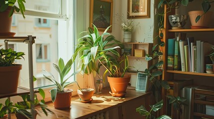 Fototapeta premium Cozy office corner with plants and artwork.