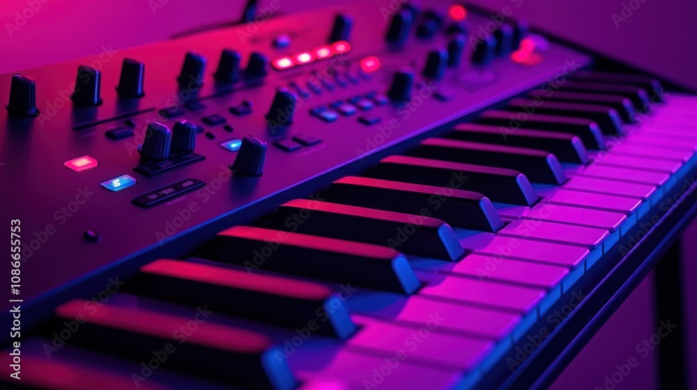 Poster Close-up of a synthesizer keyboard with colorful lighting for music production.