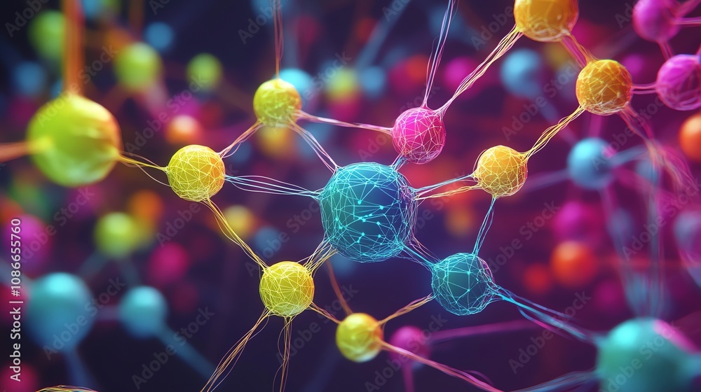 Poster abstract colorful network of interconnected nodes, representing connections, relationships, or data 