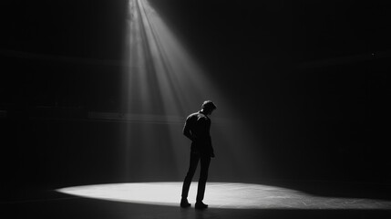 A solitary figure stands in a spotlight, creating a dramatic and introspective atmosphere.