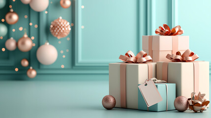 Vibrant holiday patterns featuring 3Drendered gift boxes with sale tags, Exclusive Offers, dynamic seasonal energy