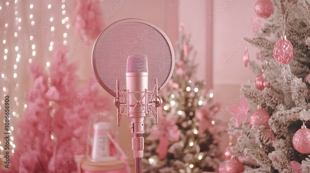 Poster A pink-themed recording setup with a microphone and festive trees.