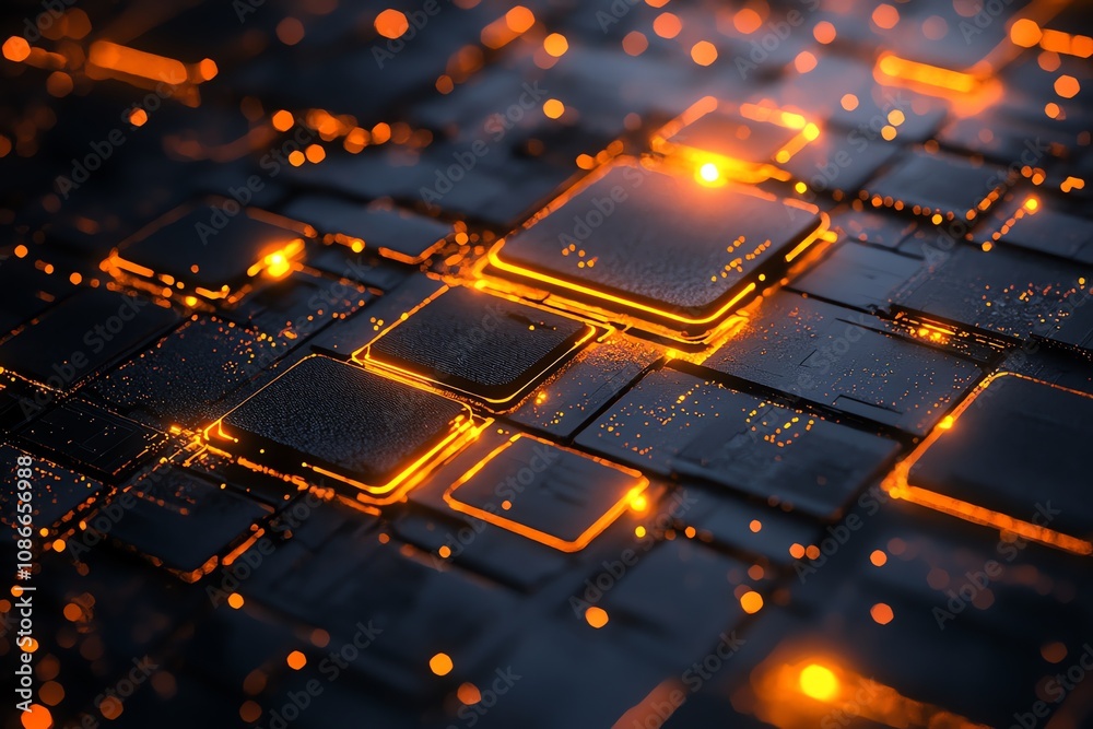 Poster abstract dark background with glowing orange circuit board.