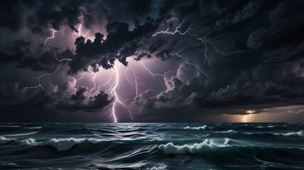 Fototapeta premium a lightning bolt is visible above the ocean.