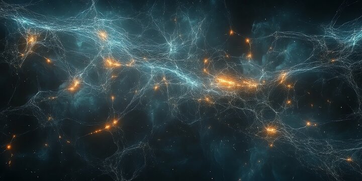 Abstract cosmic network with glowing nodes and filaments.
