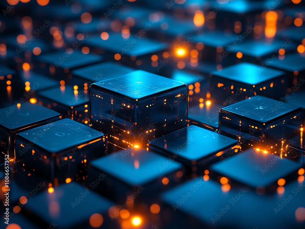 Fototapete Abstract digital background of glowing cubes and circuits, representing data processing, technology, and network connections.