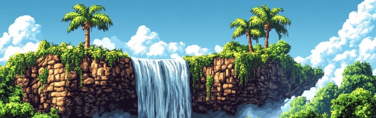 Fototapeta premium Jungle cliff with waterfall in pixel art style with lush greenery