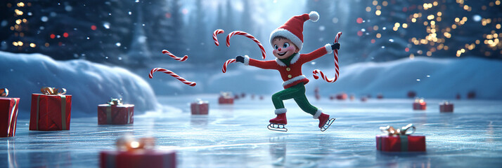 Elf Ice Skating on a Frozen Pond, with Candy Canes Stuck in the Ice and Presents Spinning Around Him 