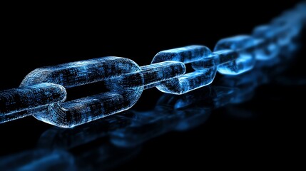 Abstract digital chain, glowing blue links on black background.