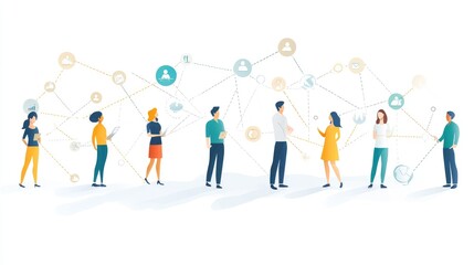 Diverse Group of People Engaging in Digital Networking with Icons Representing Communication and Community Interaction in a Modern Workplace Setting