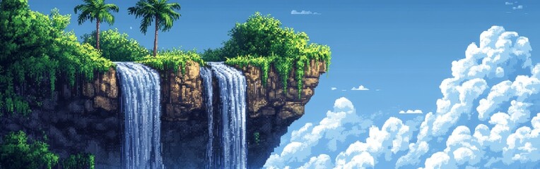 Naklejka premium Jungle cliff with waterfall in pixel art style with lush greenery
