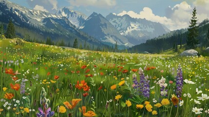 Fototapeta premium Alpine meadow with wildflowers and mountain backdrop