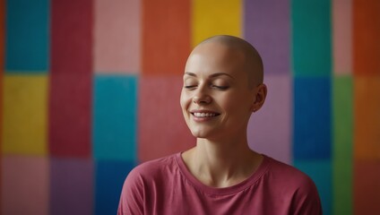  A bald woman after cancer chemotherapy no hair smiling and closed eyes on colorful painted background. World Cancer Day Banner of poster of art therapy. Copy space