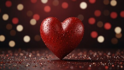 Obraz premium a beautiful red heart on a blurry dark red background of confetti and hearts. a concept for a matchmaking holiday party or a valentine card for congratulations