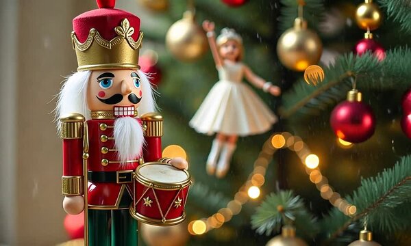 Christmas video card with a Nutcracker figurine with a drum against the background of a Christmas tree with balls and a silhouette of a ballerina with sparkling garlands with bokeh