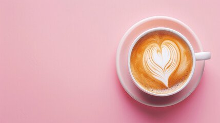 Heart-Shaped Latte Art in a White Mug on a Soft Pink Background Perfect for Coffee Lovers and Aesthetic Food Photography