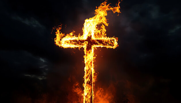 christian jesus christ burning cross in dark night sky intense orange flames symbolic of faith religion 