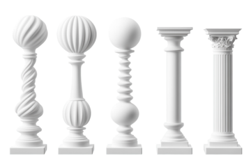 Set of white display pedestals in various shapes isolated. PNG transparent.