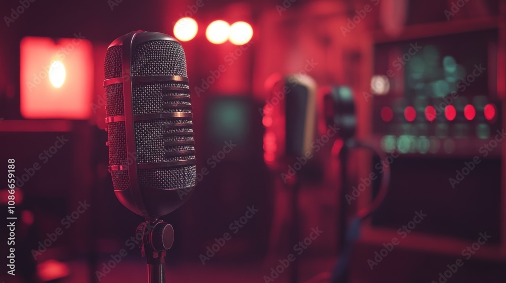 Poster A vintage microphone in a recording studio setting, surrounded by soft lighting.