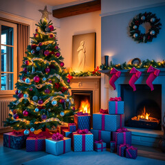 Christmas Tree and Christmas gift boxes in the interior with a fireplace