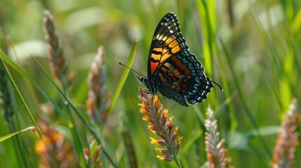 Fototapeta premium A delicate butterfly rests gently on a vibrant flower, its wings softly fluttering in the breeze, adding a touch of grace to the colorful bloom.