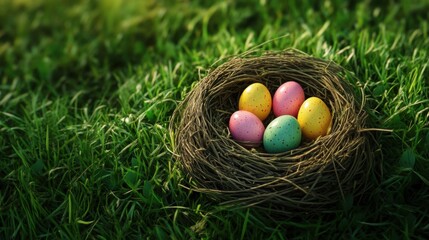 colorful easter eggs on nest green grass video background quality