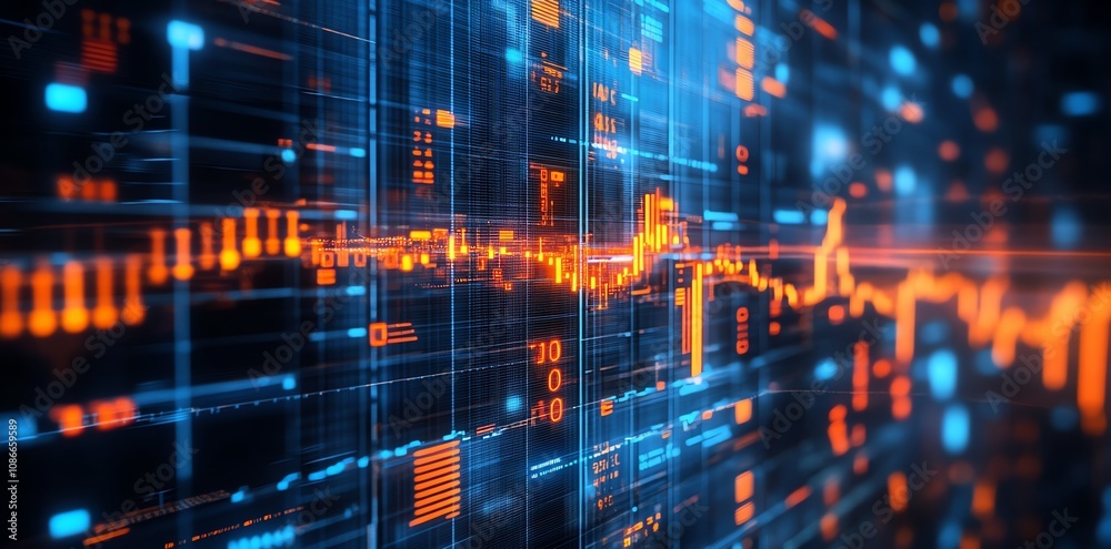 Poster abstract digital data stream with glowing orange and blue lines, numbers, and graphs.