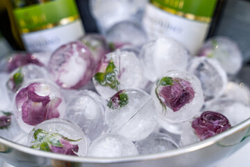 Rose ice spheres in a decorative bowl. Beautifully crafted ice spheres encasing roses chill beverages in a stylish bowl, adding elegance to the gathering.
