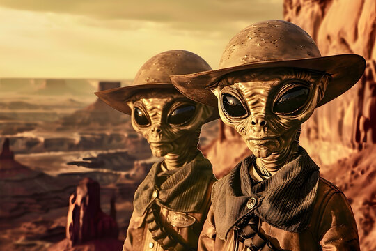 Two alien cowboys in hats and vests stand against the background of a desert landscape. One of the aliens on the left looks away, the other looks directly at the viewer. Wild West, Western style