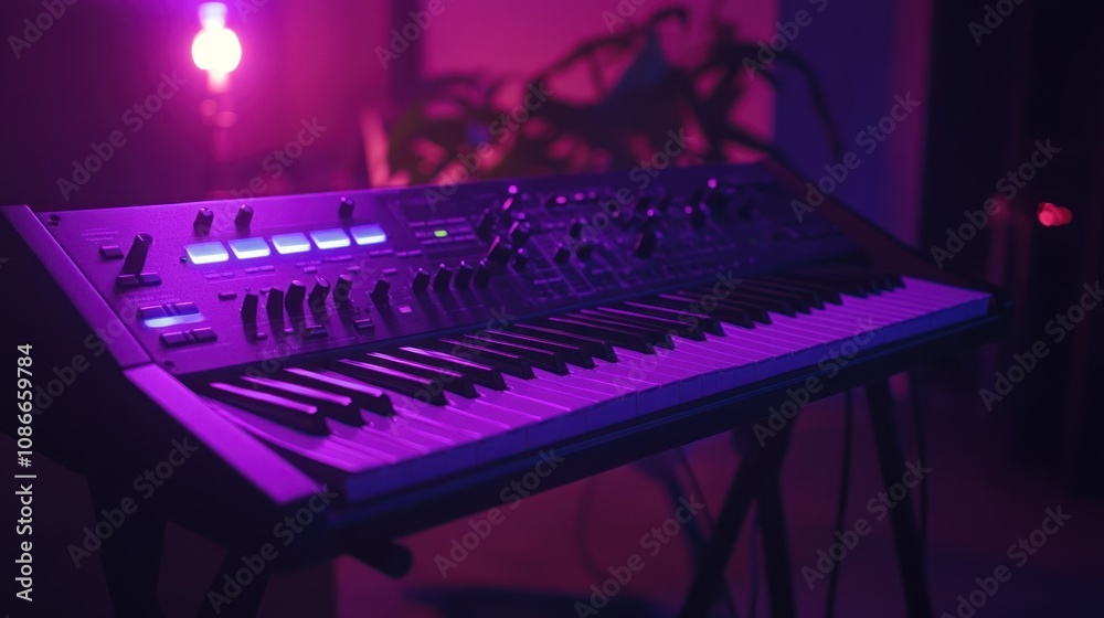 Aufkleber A synthesizer keyboard with colorful lighting, ideal for music production and performance.