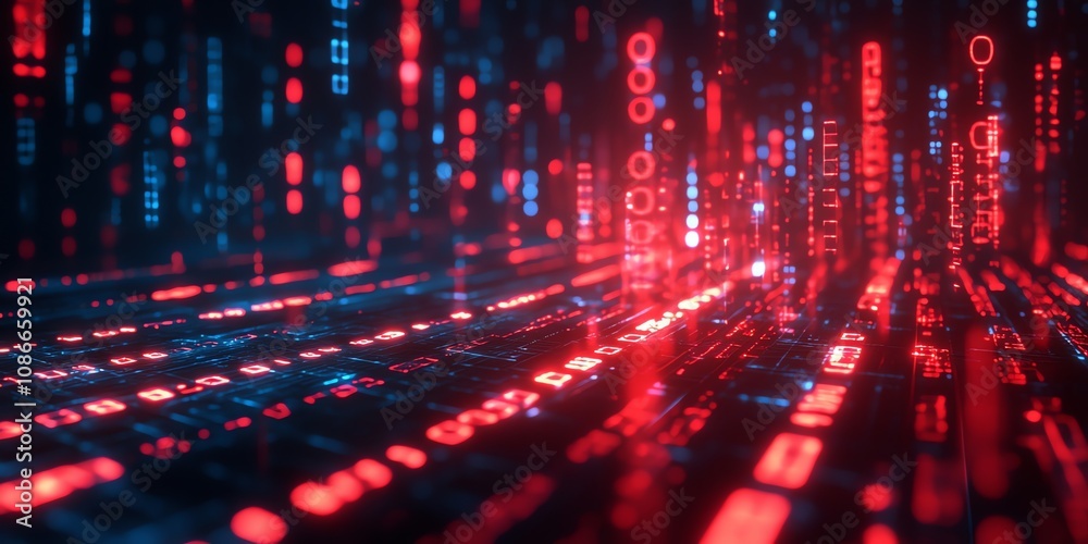 Aufkleber Abstract digital data stream, glowing red and blue binary code, futuristic technology background.