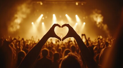 Concert crowd with heart-shaped hands casting shadow under concert lights. Emotional connection...