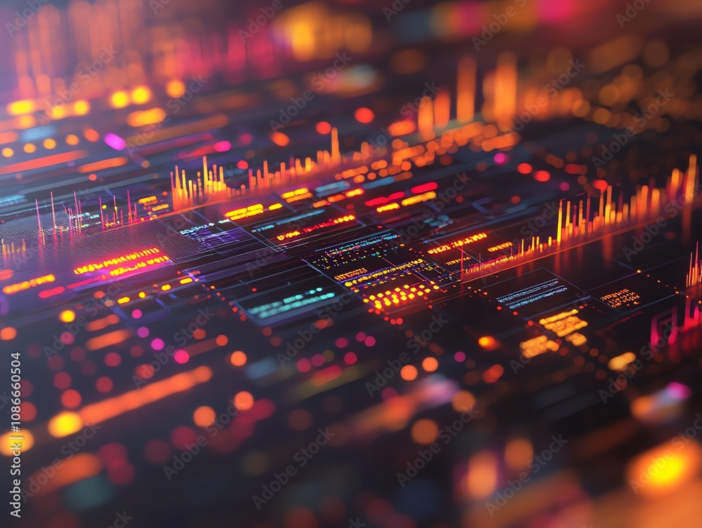 Leinwandbilder Abstract digital data visualization with glowing lines and bars representing information flow and processing.