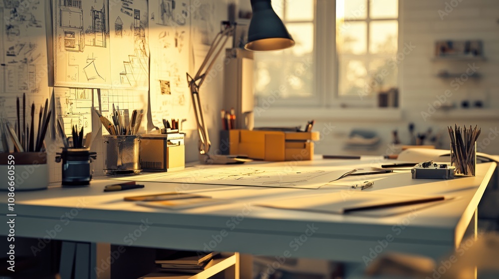 Aufkleber A well-lit workspace featuring design sketches and tools for creative projects.