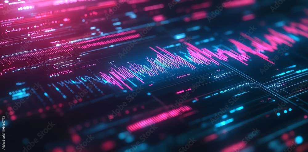 Poster Abstract digital data visualization with glowing lines and patterns in pink and blue hues.