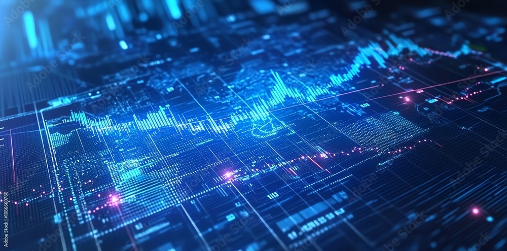 Poster Abstract digital data visualization with glowing lines and graphs.