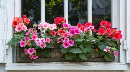 Fototapeta premium Colorful geraniums in a window box planter