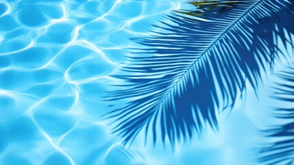 Tropical palm leaf shadow on vibrant blue pool water, evoking summer relaxation and leisure, with an aesthetic abstract background for text placement.