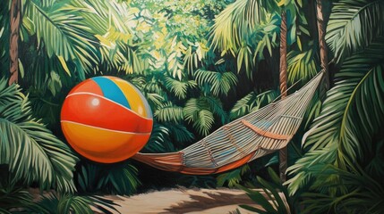 Vibrant Tropical Scene with a Colorful Beach Ball and Cozy Hammock Nestled Among Lush Green Palm Leaves