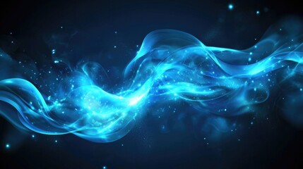 Luminous abstract background displaying swirling blue energy lines and vibrant particles creating a dynamic flow against a dark backdrop.